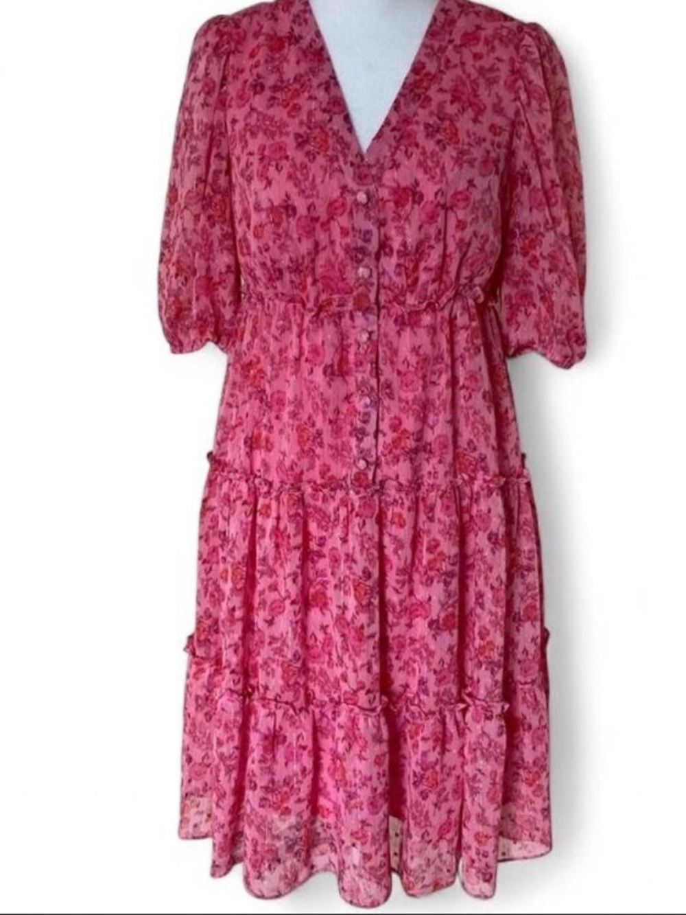 Taylor Pink Floral Ruffle Short Sleeve V neck Button Up Mini Dress size 4 - Picture 2 of 8